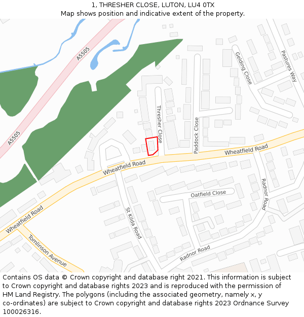 1, THRESHER CLOSE, LUTON, LU4 0TX: Location map and indicative extent of plot