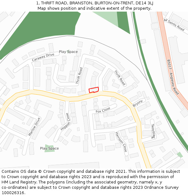 1, THRIFT ROAD, BRANSTON, BURTON-ON-TRENT, DE14 3LJ: Location map and indicative extent of plot