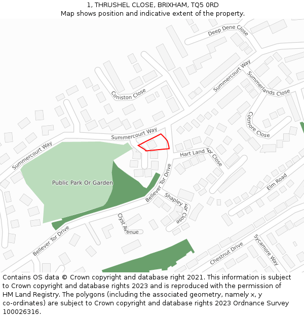 1, THRUSHEL CLOSE, BRIXHAM, TQ5 0RD: Location map and indicative extent of plot