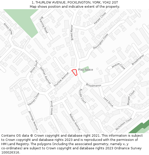 1, THURLOW AVENUE, POCKLINGTON, YORK, YO42 2GT: Location map and indicative extent of plot