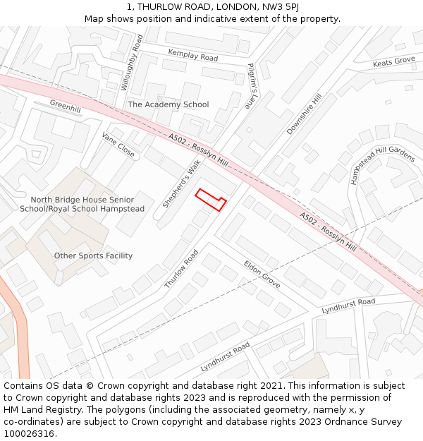 1, THURLOW ROAD, LONDON, NW3 5PJ: Location map and indicative extent of plot