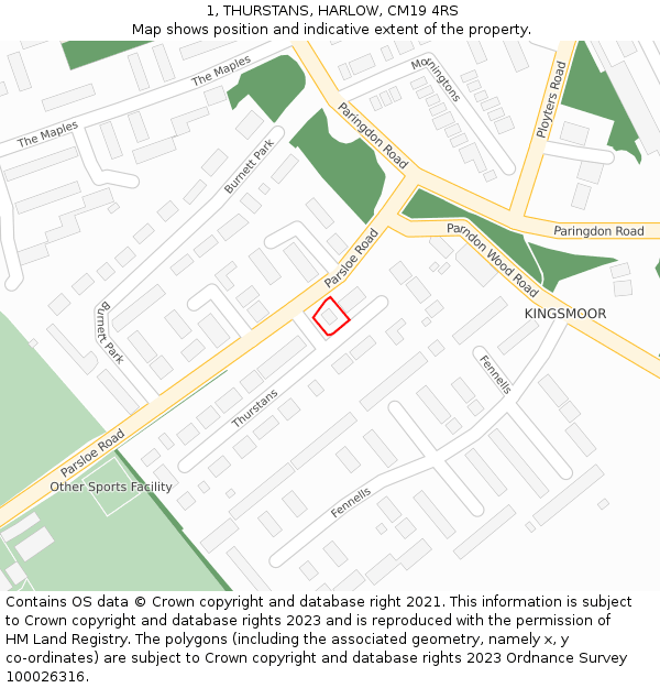 1, THURSTANS, HARLOW, CM19 4RS: Location map and indicative extent of plot