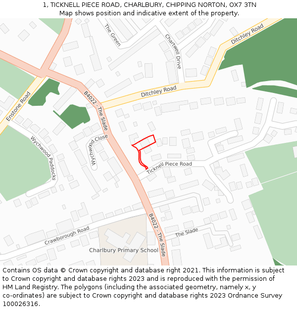 1, TICKNELL PIECE ROAD, CHARLBURY, CHIPPING NORTON, OX7 3TN: Location map and indicative extent of plot