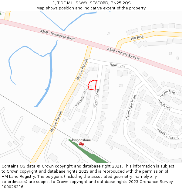 1, TIDE MILLS WAY, SEAFORD, BN25 2QS: Location map and indicative extent of plot