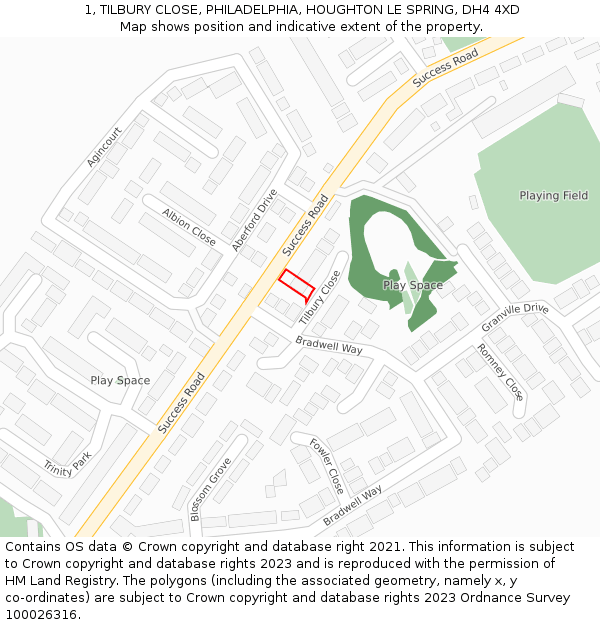 1, TILBURY CLOSE, PHILADELPHIA, HOUGHTON LE SPRING, DH4 4XD: Location map and indicative extent of plot