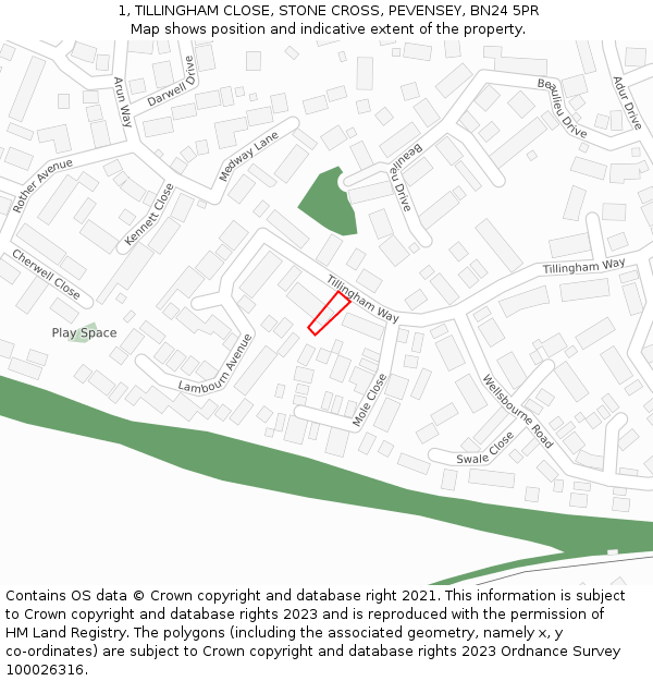 1, TILLINGHAM CLOSE, STONE CROSS, PEVENSEY, BN24 5PR: Location map and indicative extent of plot