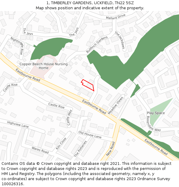 1, TIMBERLEY GARDENS, UCKFIELD, TN22 5SZ: Location map and indicative extent of plot