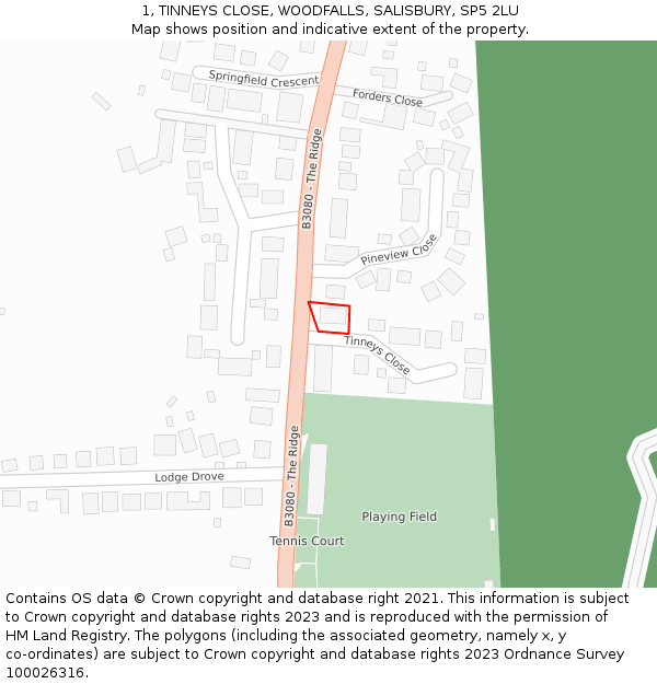 1, TINNEYS CLOSE, WOODFALLS, SALISBURY, SP5 2LU: Location map and indicative extent of plot