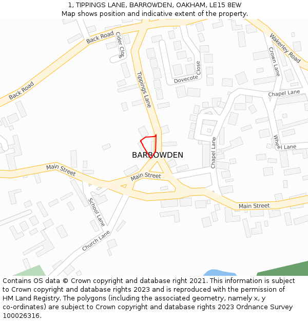 1, TIPPINGS LANE, BARROWDEN, OAKHAM, LE15 8EW: Location map and indicative extent of plot