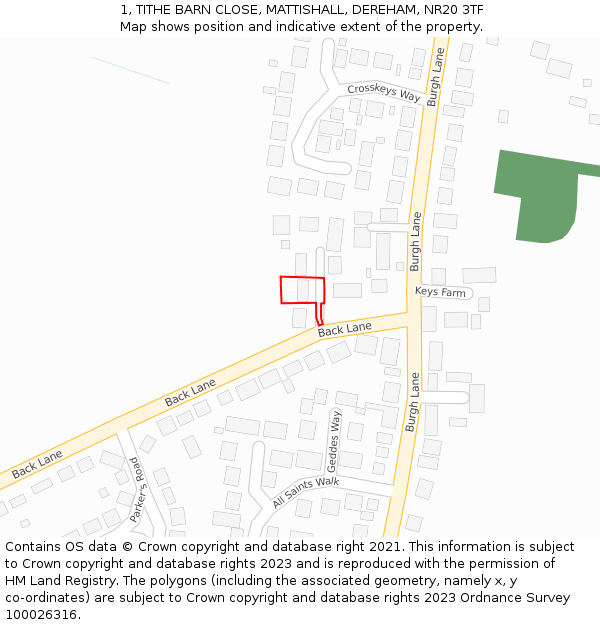 1, TITHE BARN CLOSE, MATTISHALL, DEREHAM, NR20 3TF: Location map and indicative extent of plot