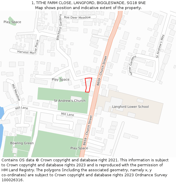 1, TITHE FARM CLOSE, LANGFORD, BIGGLESWADE, SG18 9NE: Location map and indicative extent of plot