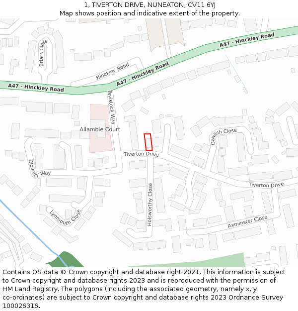 1, TIVERTON DRIVE, NUNEATON, CV11 6YJ: Location map and indicative extent of plot