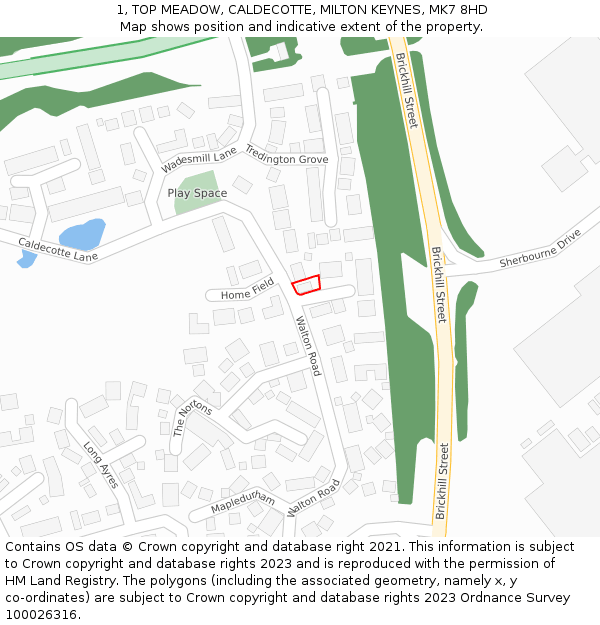 1, TOP MEADOW, CALDECOTTE, MILTON KEYNES, MK7 8HD: Location map and indicative extent of plot