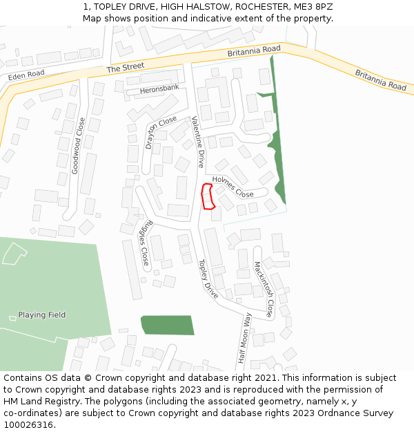 1, TOPLEY DRIVE, HIGH HALSTOW, ROCHESTER, ME3 8PZ: Location map and indicative extent of plot