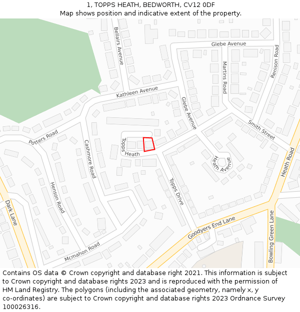 1, TOPPS HEATH, BEDWORTH, CV12 0DF: Location map and indicative extent of plot