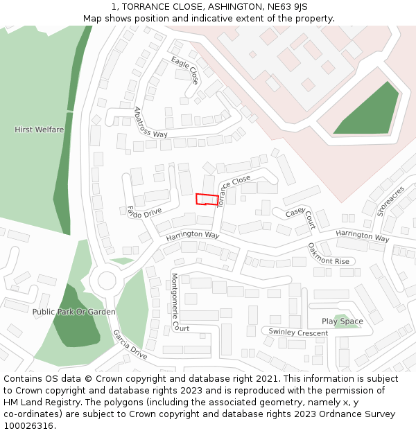 1, TORRANCE CLOSE, ASHINGTON, NE63 9JS: Location map and indicative extent of plot