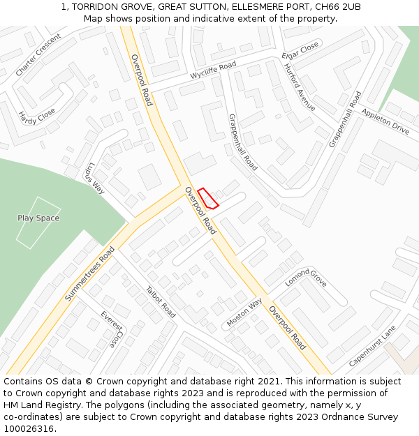 1, TORRIDON GROVE, GREAT SUTTON, ELLESMERE PORT, CH66 2UB: Location map and indicative extent of plot