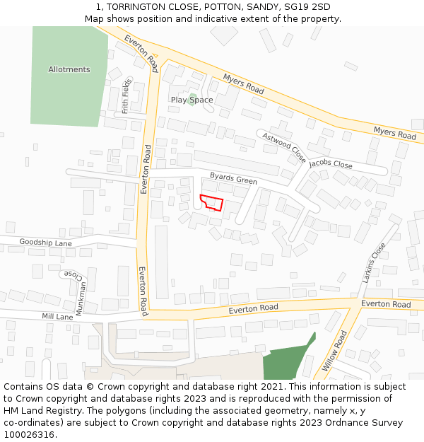 1, TORRINGTON CLOSE, POTTON, SANDY, SG19 2SD: Location map and indicative extent of plot