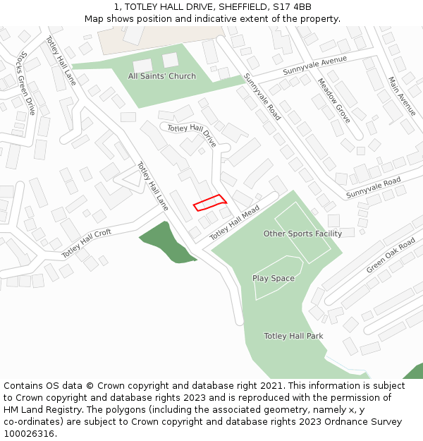 1, TOTLEY HALL DRIVE, SHEFFIELD, S17 4BB: Location map and indicative extent of plot