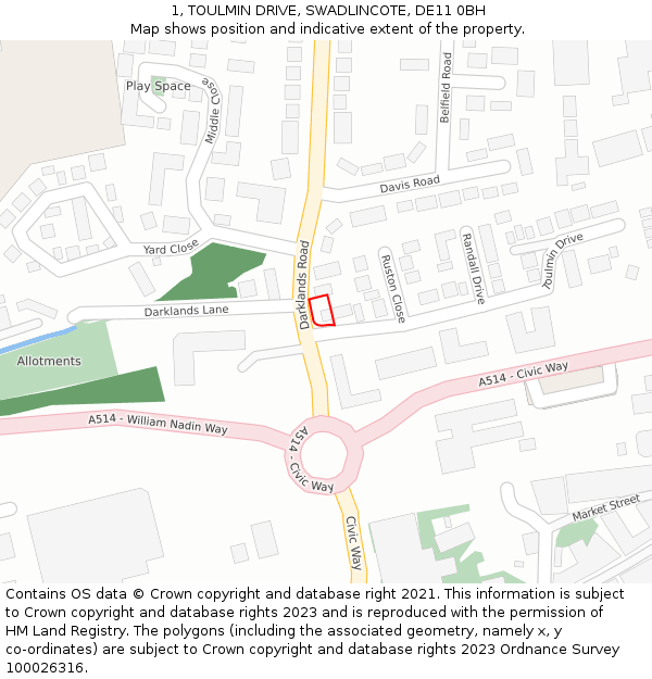 1, TOULMIN DRIVE, SWADLINCOTE, DE11 0BH: Location map and indicative extent of plot
