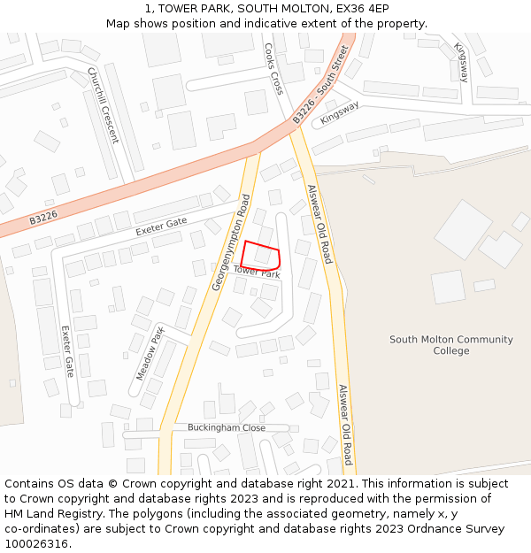 1, TOWER PARK, SOUTH MOLTON, EX36 4EP: Location map and indicative extent of plot