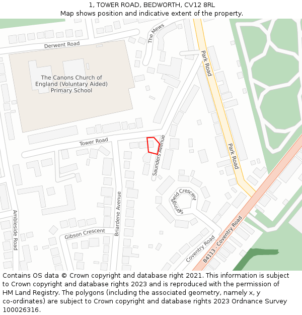 1, TOWER ROAD, BEDWORTH, CV12 8RL: Location map and indicative extent of plot