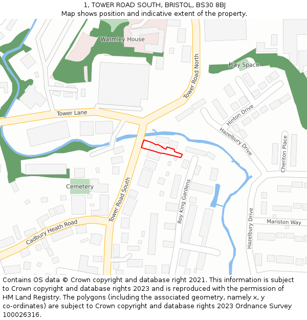 1, TOWER ROAD SOUTH, BRISTOL, BS30 8BJ: Location map and indicative extent of plot