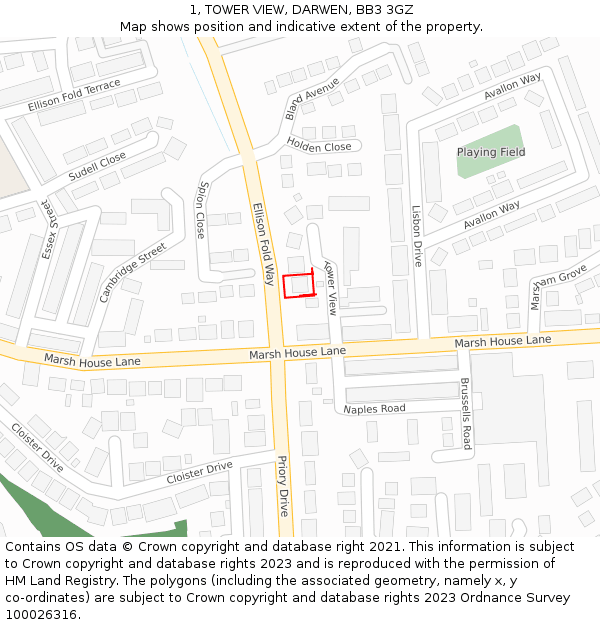 1, TOWER VIEW, DARWEN, BB3 3GZ: Location map and indicative extent of plot