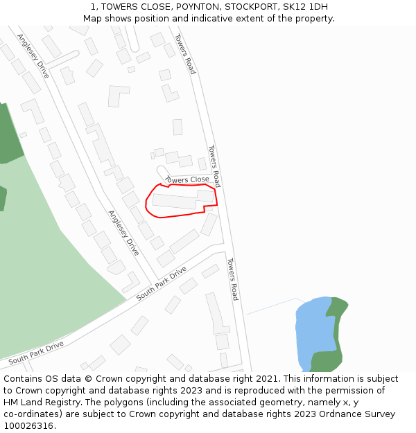 1, TOWERS CLOSE, POYNTON, STOCKPORT, SK12 1DH: Location map and indicative extent of plot