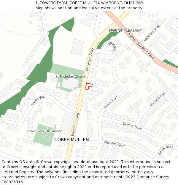 1, TOWERS FARM, CORFE MULLEN, WIMBORNE, BH21 3NY: Location map and indicative extent of plot