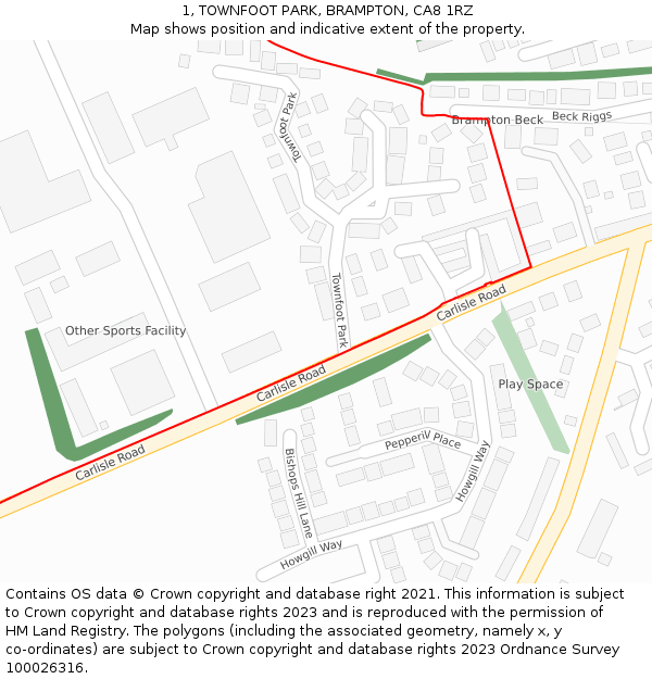 1, TOWNFOOT PARK, BRAMPTON, CA8 1RZ: Location map and indicative extent of plot