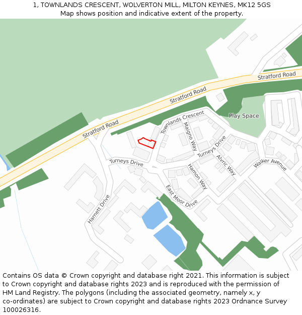 1, TOWNLANDS CRESCENT, WOLVERTON MILL, MILTON KEYNES, MK12 5GS: Location map and indicative extent of plot