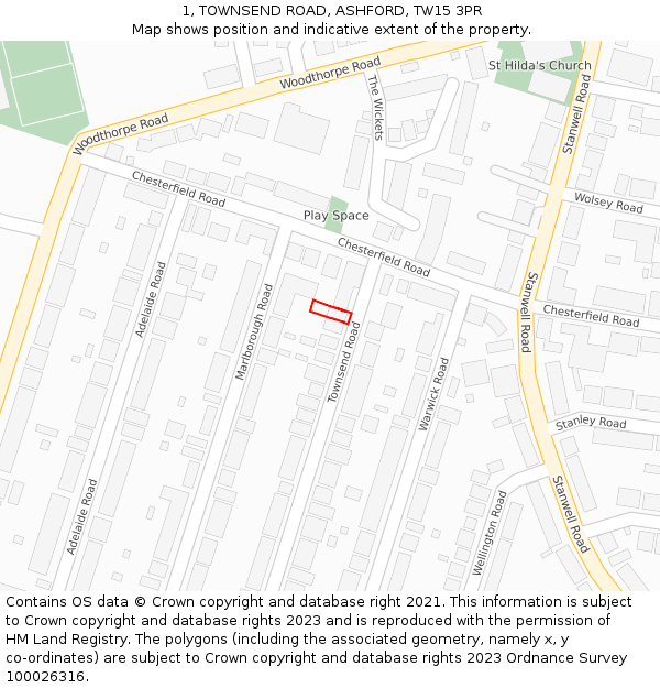1, TOWNSEND ROAD, ASHFORD, TW15 3PR: Location map and indicative extent of plot