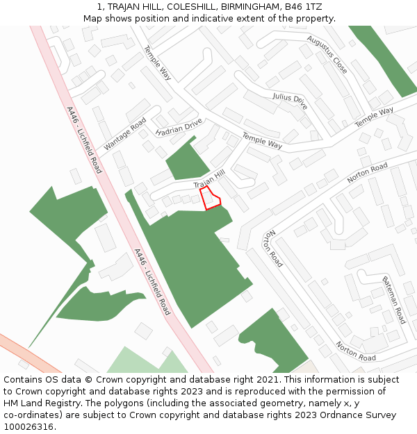 1, TRAJAN HILL, COLESHILL, BIRMINGHAM, B46 1TZ: Location map and indicative extent of plot