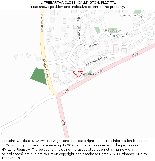 1, TREBARTHA CLOSE, CALLINGTON, PL17 7TL: Location map and indicative extent of plot