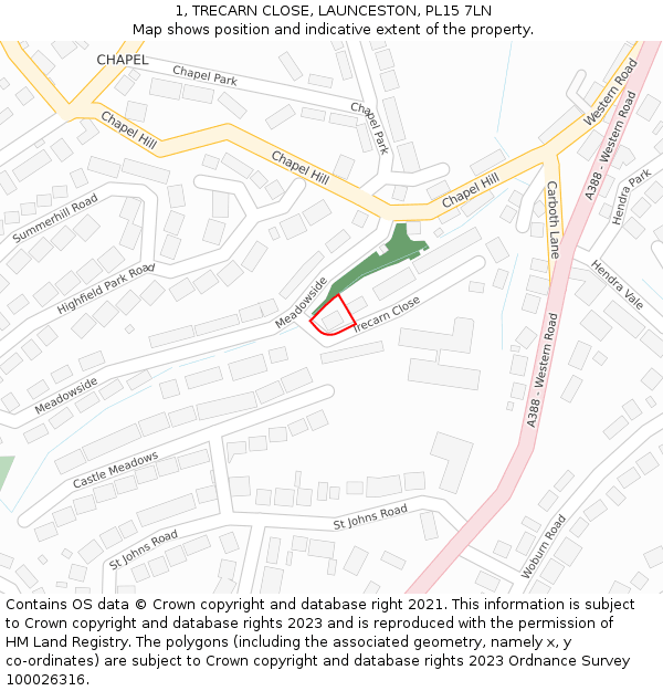 1, TRECARN CLOSE, LAUNCESTON, PL15 7LN: Location map and indicative extent of plot