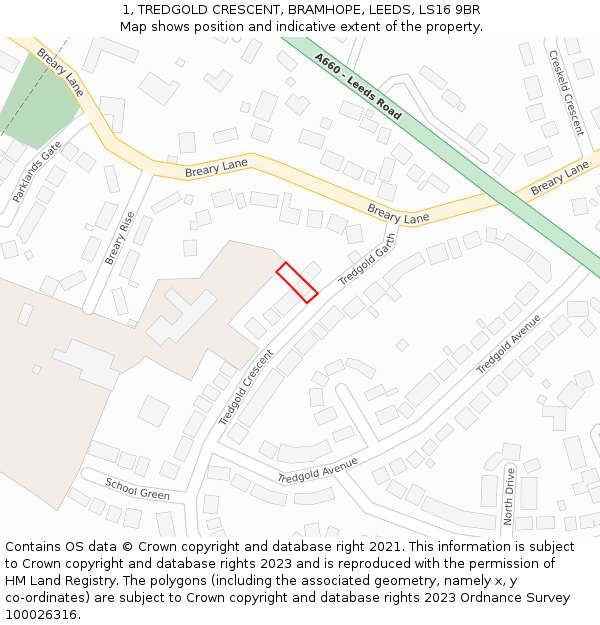 1, TREDGOLD CRESCENT, BRAMHOPE, LEEDS, LS16 9BR: Location map and indicative extent of plot