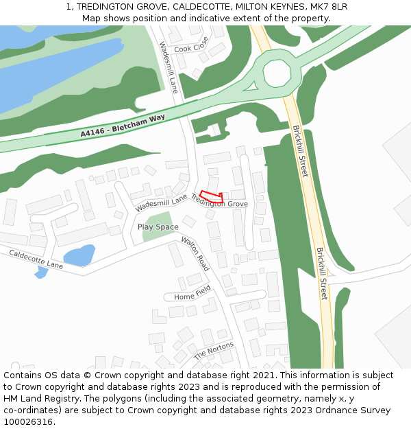 1, TREDINGTON GROVE, CALDECOTTE, MILTON KEYNES, MK7 8LR: Location map and indicative extent of plot