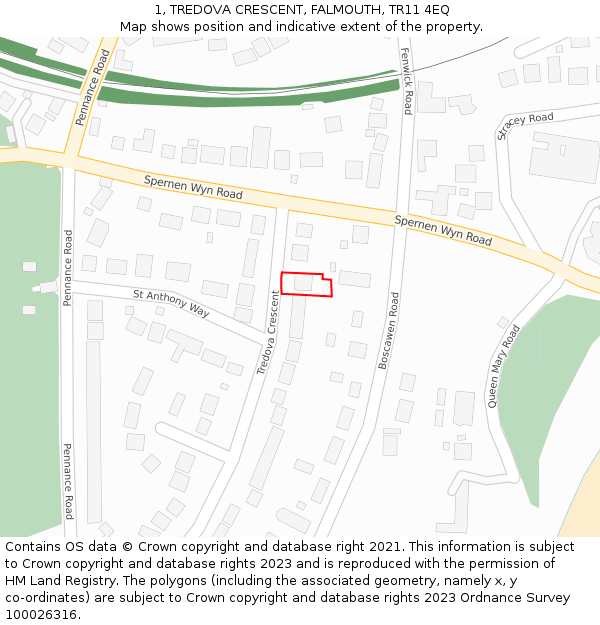 1, TREDOVA CRESCENT, FALMOUTH, TR11 4EQ: Location map and indicative extent of plot