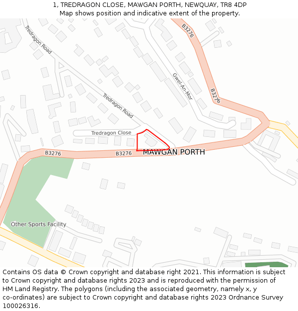 1, TREDRAGON CLOSE, MAWGAN PORTH, NEWQUAY, TR8 4DP: Location map and indicative extent of plot