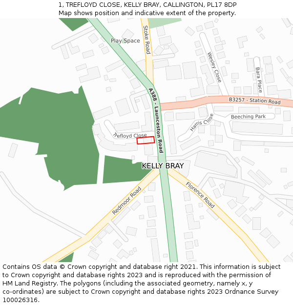 1, TREFLOYD CLOSE, KELLY BRAY, CALLINGTON, PL17 8DP: Location map and indicative extent of plot