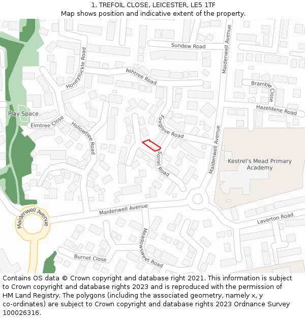 1, TREFOIL CLOSE, LEICESTER, LE5 1TF: Location map and indicative extent of plot