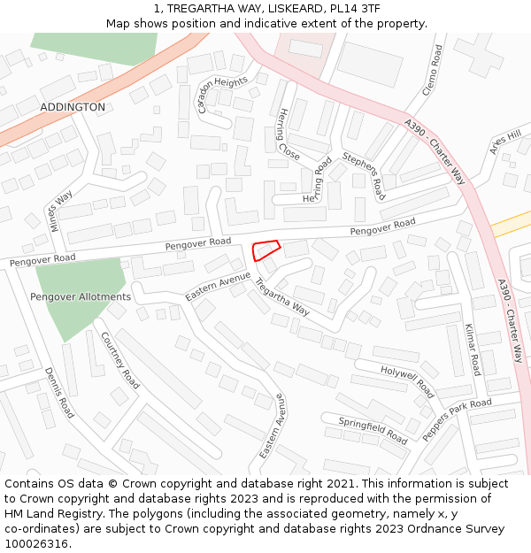 1, TREGARTHA WAY, LISKEARD, PL14 3TF: Location map and indicative extent of plot