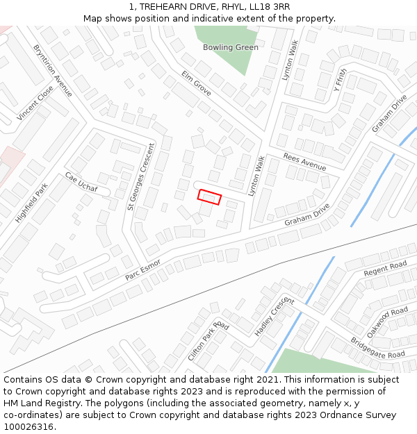 1, TREHEARN DRIVE, RHYL, LL18 3RR: Location map and indicative extent of plot