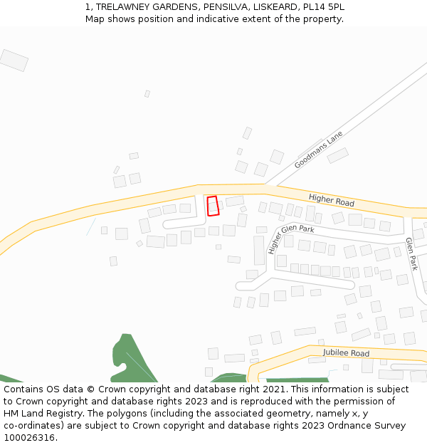 1, TRELAWNEY GARDENS, PENSILVA, LISKEARD, PL14 5PL: Location map and indicative extent of plot