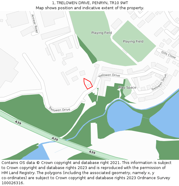 1, TRELOWEN DRIVE, PENRYN, TR10 9WT: Location map and indicative extent of plot