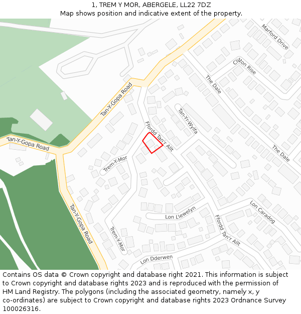 1, TREM Y MOR, ABERGELE, LL22 7DZ: Location map and indicative extent of plot