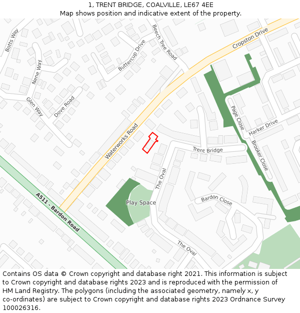 1, TRENT BRIDGE, COALVILLE, LE67 4EE: Location map and indicative extent of plot