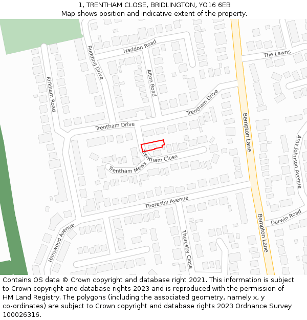 1, TRENTHAM CLOSE, BRIDLINGTON, YO16 6EB: Location map and indicative extent of plot