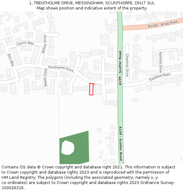 1, TRENTHOLME DRIVE, MESSINGHAM, SCUNTHORPE, DN17 3UL: Location map and indicative extent of plot